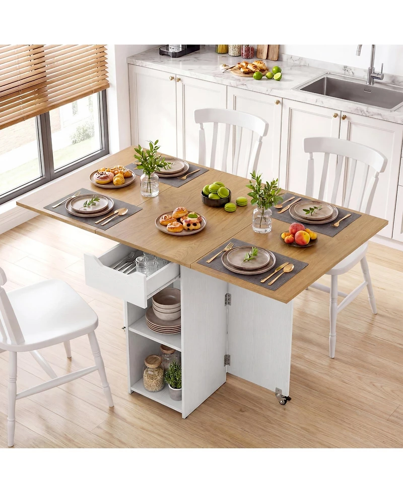 Gymax Folding Dining Table w/2 Open Shelves and Drawer 2 Lockable Universal Wheels