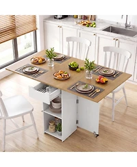 Gymax Folding Dining Table w/2 Open Shelves and Drawer 2 Lockable Universal Wheels