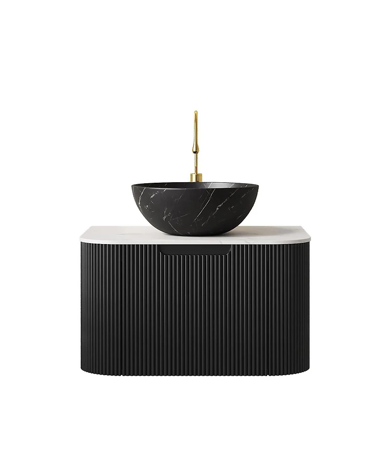 Sillysis Wall Mounted Bathroom Vanity, Carrara Sintered Stone Top , Striped Plywood Cabinet