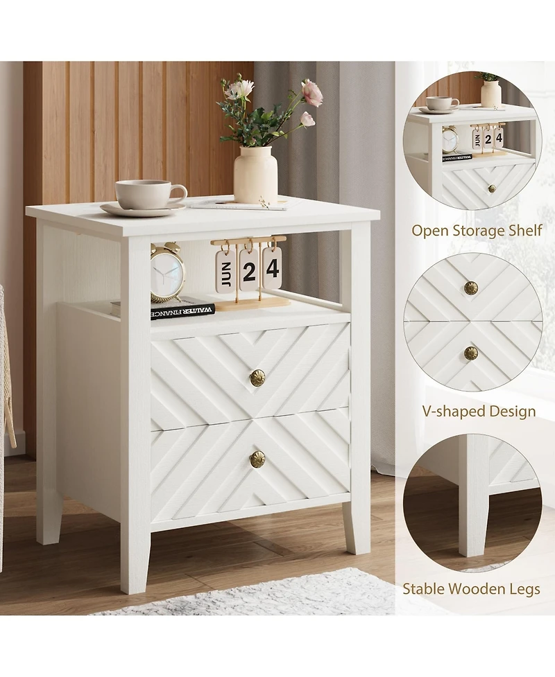 homfan Farmhouse Led Nightstand with 2 Drawers, V-shaped Design and Open Shelf, Rustic Bedside Table for Bedroom