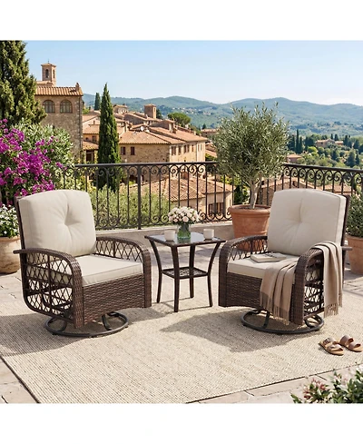 gaomon Patio 3-Piece Outdoor Furniture Set, Wicker Swivel Rocking Chairs, Glass Table