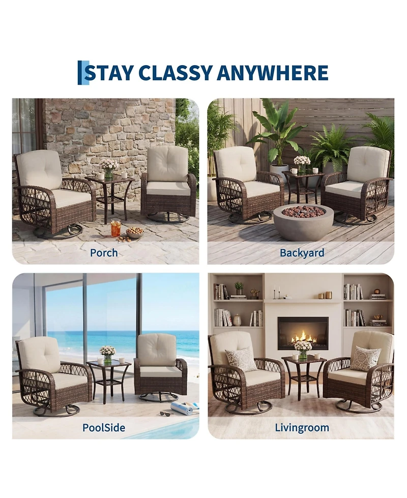 gaomon Patio 3-Piece Outdoor Furniture Set, Wicker Swivel Rocking Chairs, Glass Table