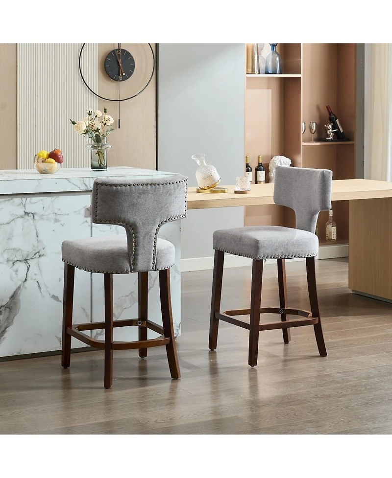 Clihome Mid Century Modern Counter Height Bar Stools Set of 2, Farmhouse Linen Fabric Upholstered Accent Chair Curved Backrest with Copper Nails
