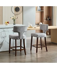 Clihome Mid Century Modern Counter Height Bar Stools Set of 2, Farmhouse Linen Fabric Upholstered Accent Chair Curved Backrest with Copper Nails