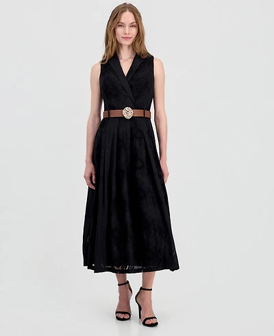 Anne Klein Women's Belted Eyelet Embroidered Cotton Midi Dress