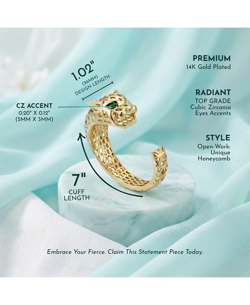 Rachel Glauber 14k Gold Plated Sterling Silver Jaguar Open Cuff Bangle Bracelet with Green Cubic Zirconia