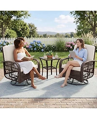 GarveeLife 3-Piece Outdoor Swivel Rocking Chair Set with Cushions and Glass Coffee Table, Wicker Patio Bistro for Porch or Garden