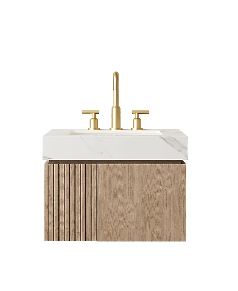 Sillysis Wall Mounted Bathroom Vanity, Carrara Sintered Stone Top, 3-Hole Ceramic Sink, Soft Close Cabinet