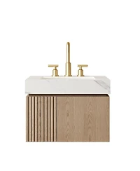 Sillysis Wall Mounted Bathroom Vanity, Carrara Sintered Stone Top, 3-Hole Ceramic Sink, Soft Close Cabinet