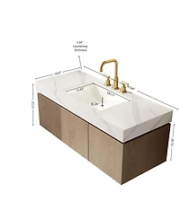 Sillysis Wall Mounted Bathroom Vanity, Carrara Sintered Stone Top, 3-Hole Ceramic Sink, Soft Close Cabinet
