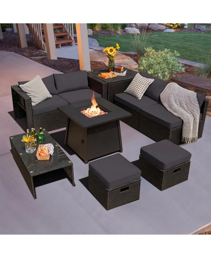 Sugift 9 Piece Weatherproof Rattan Conversation Set with 30 in Propane Fire Pit Table and Dust Covers