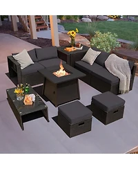 Sugift 9 Piece Weatherproof Rattan Conversation Set with 30 in Propane Fire Pit Table and Dust Covers
