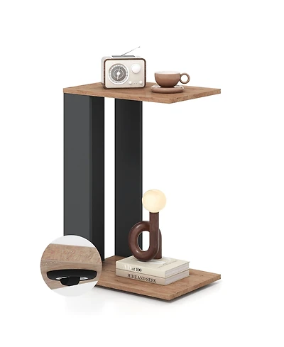 Gymax 2-Tier C Shaped Side Table w/ Universal Wheels and Shelf for Small Space