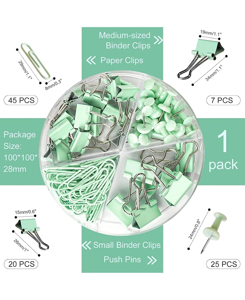 Danrong 97 Pcs Office Supplies for Women, Paper Clips Binder Clips Push Pins Set, Thumb Tacks Desk Organized, Green