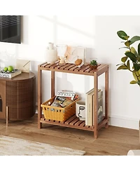 Gymax 2-Tier Side Table Teak Wood Stand Utility Storage Shelf Organizer Entryway Bench