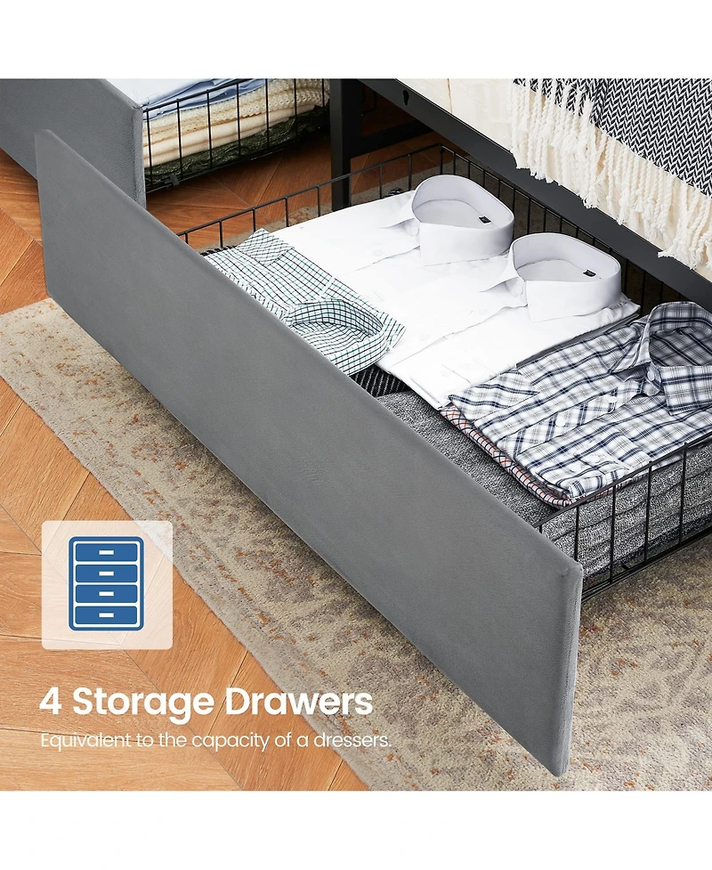 gaomon Queen Size Bed Frame with 4 Storage Drawers and Charging Station, Upholstered Bed Frame with Storage Headboard