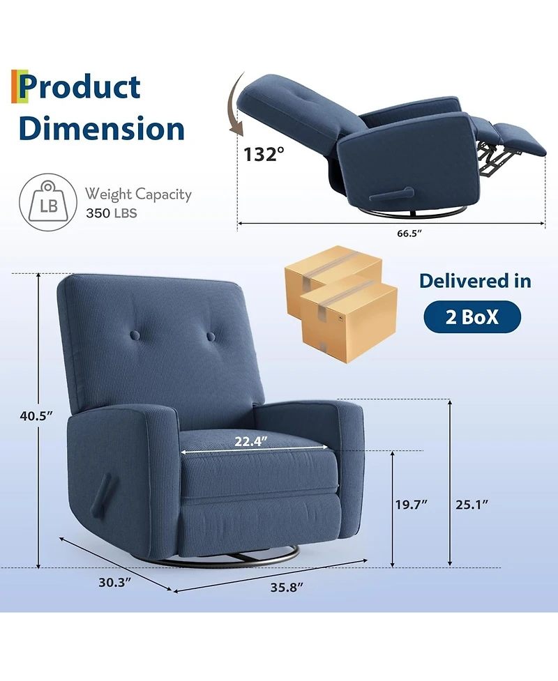 gaomon Nursery Recliner Chair,360 Swivel Rocking Glider Chair for Adults with Adjustable Backrest and Footrest,Upholstered Armchair for Living Rooms