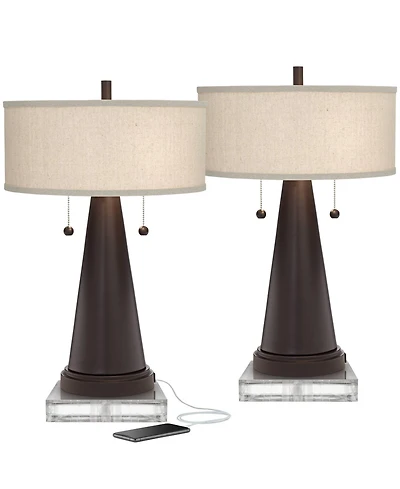 Franklin Iron Works Craig Rustic Farmhouse Table Lamps Set of 2 with Square Risers 24 1/2" High Bronze with Usb Charging Port Natural Shade for Desk