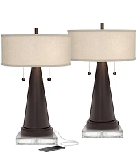 Franklin Iron Works Craig Rustic Farmhouse Table Lamps Set of 2 with Square Risers 24 1/2" High Bronze with Usb Charging Port Natural Shade for Desk
