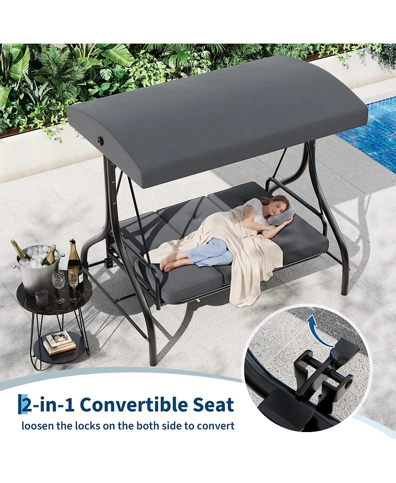 GarveeLife 3-Seat Outdoor Patio Swing Chair with Adjustable Canopy and Reclining Backrest Heavy Duty Metal Frame