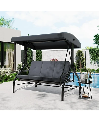GarveeLife 3-Seat Outdoor Patio Swing Chair with Adjustable Canopy and Reclining Backrest Heavy Duty Metal Frame