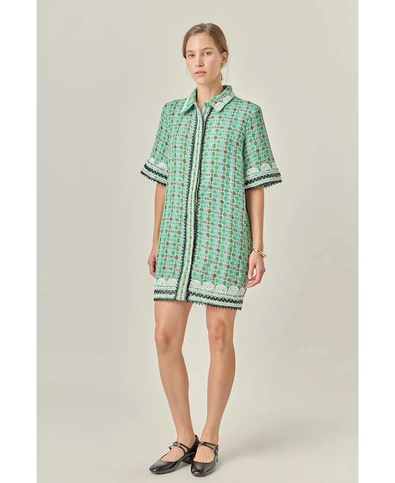 English Factory Women's Boucle Mini Shirt Dress with Ric Rac Trim