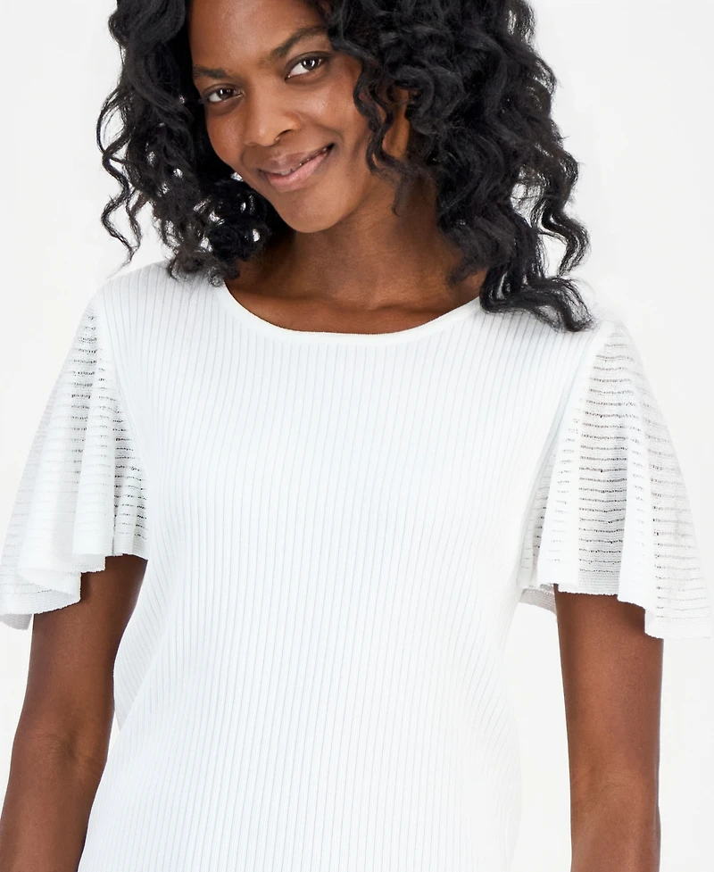 Kasper Petite Crewneck Flutter-Sleeve Sweater