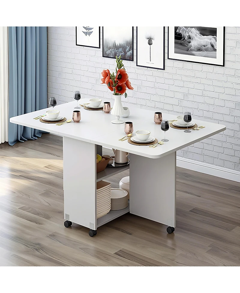 Rainsken Folding Dining Table, Drop Leaf Table with 6 Wheels and 2-Layer Storage Shelf for Small Spaces, Modern Rectangular Kitchen Dining Table