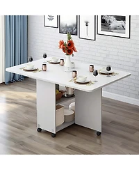 Rainsken Folding Dining Table, Drop Leaf Table with 6 Wheels and 2-Layer Storage Shelf for Small Spaces, Modern Rectangular Kitchen Dining Table