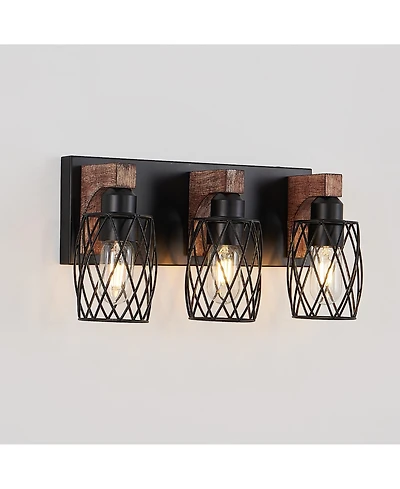 Busdays Industrial Vintage 3 Light Wall Sconce Black Cage Wall Lighting Fixture with Wooden Accents for Bathroom Hallway Living Room No Bulbs
