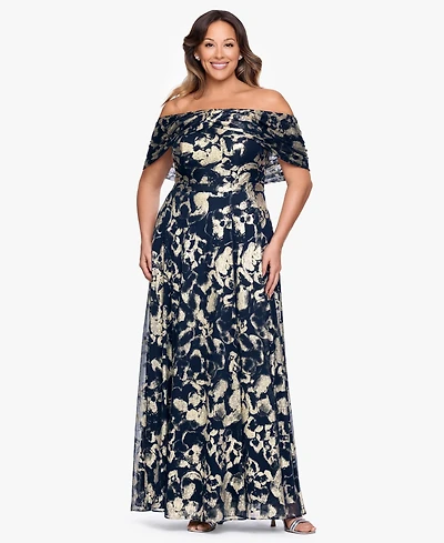Betsy & Adam Plus Printed Off-The-Shoulder Ball Gown