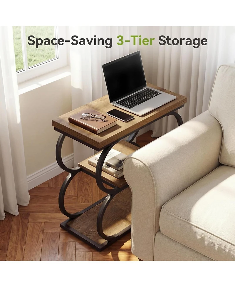 Tribesigns Narrow Side Table, 3-Tier Skinny Wooden End Table for Living Room, Slim Metal Nightstand