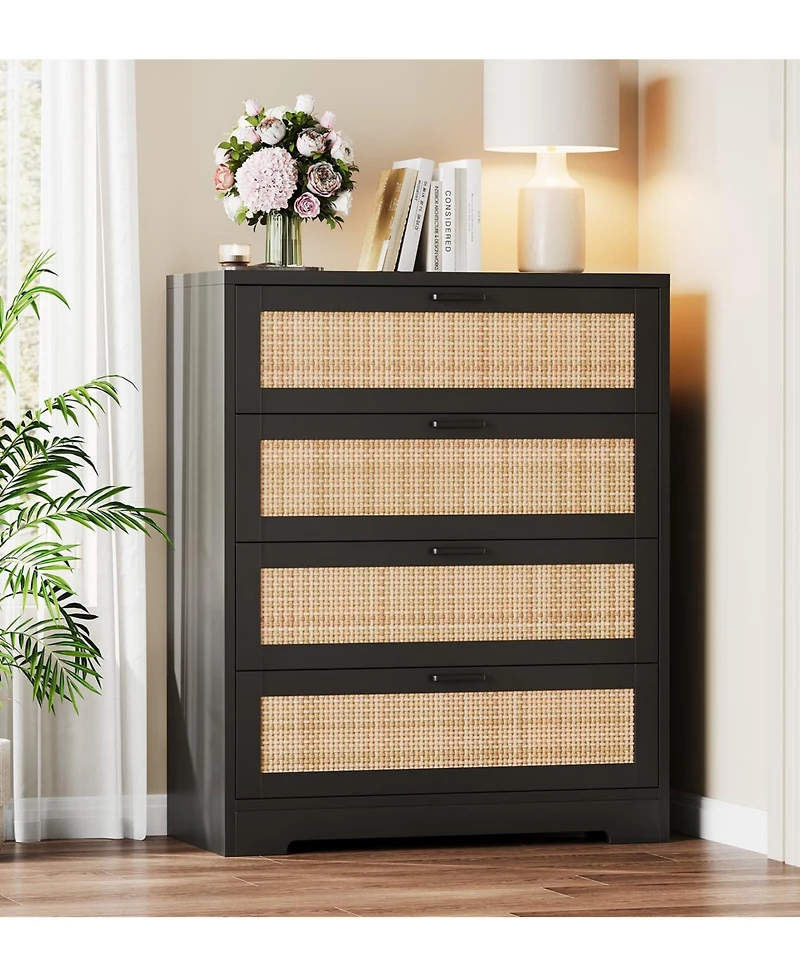 gaomon 4 Drawer Rattan Dresser with Power Outlets, Wood Chest for Bedroom