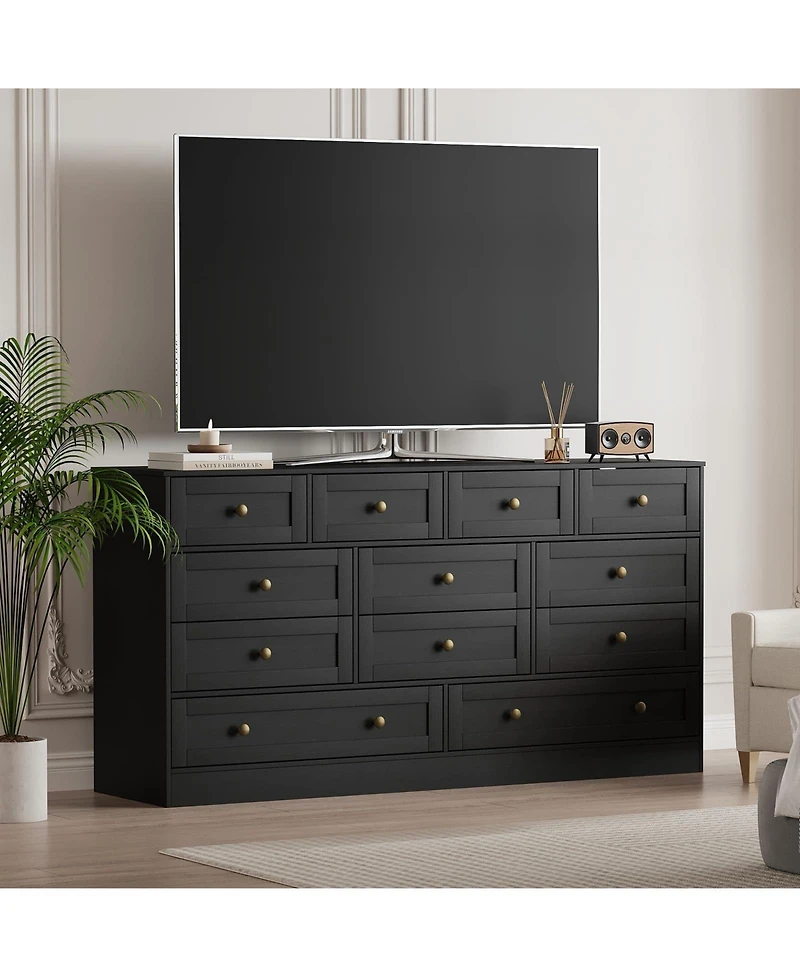 gaomon 12 Drawer Wide Wood Dresser for Bedroom, 65" Tv Stand Storage Cabinet Clothes Organizer Living Room