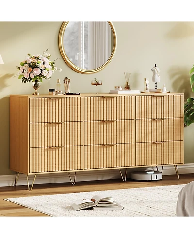gaomon Fluted 9 Drawer Dresser for Bedroom, 63" Wide Wood Chest with Metal Handles Storage Cabinet