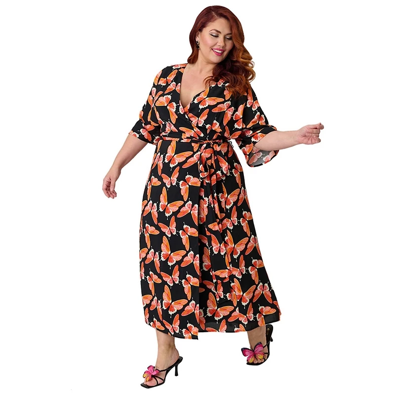 Unique Vintage Plus Tie Wrap Surplice Midi Dress