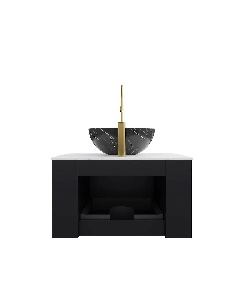 Sillysis Wall Mounted Bathroom Vanity, Artificial Marble Top with Bowl Sink, Striped Plywood Cabinet