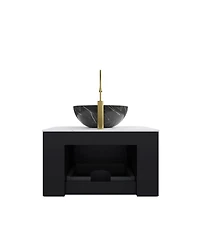 Sillysis Wall Mounted Bathroom Vanity, Artificial Marble Top with Bowl Sink, Striped Plywood Cabinet