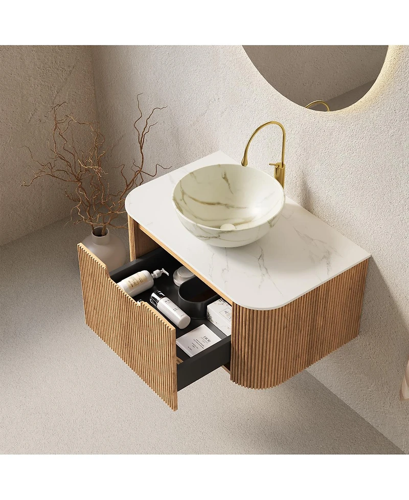 Sillysis Wall Mounted Bathroom Vanity with Sintered Stone Top,Ceramic Basin, Soft Close Drawer, Pre-assembled