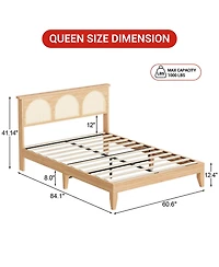 homfan Platform Bed with Rattan Headboard and Adjustable Rgb Led, Wood Slat Support, Noise-Reducing Design