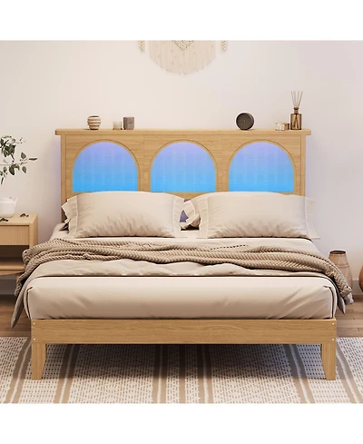 homfan Platform Bed with Rattan Headboard and Adjustable Rgb Led, Wood Slat Support, Noise-Reducing Design