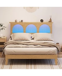 homfan Platform Bed with Rattan Headboard and Adjustable Rgb Led, Wood Slat Support, Noise-Reducing Design