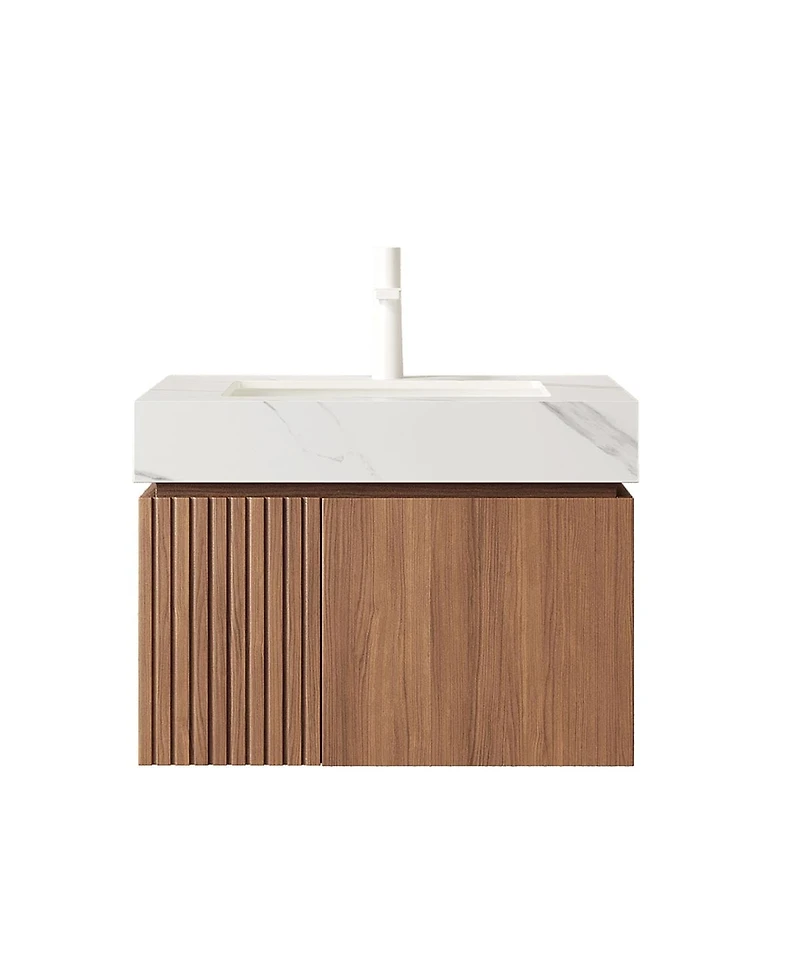 Sillysis Wall Mounted Bathroom Vanity, Carrara Sintered Stone Top, Undermount Ceramic Sink, Soft Close Door