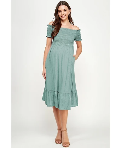 Hello Miz Maternity Off-the-Shoulder Smocked Swiss Dot Midi Dress with Pockets