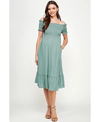 Hello Miz Maternity Off-the-Shoulder Smocked Swiss Dot Midi Dress with Pockets