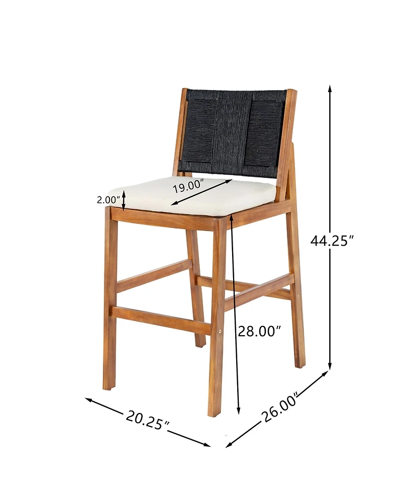 Rainsken Outdoor Bar Stools Set of 2, Acacia Wood Frame Counter Height Chairs with Cushion and Wicker Back for Kitchen Island, Poolside Patio
