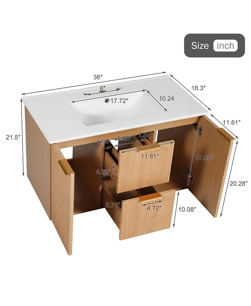 Sillysis 36 Inches Wall Mounted Bathroom Vanity with Ceramic Sink, Soft Close Drawers, Modern Mdf Cabinet for Small Spaces