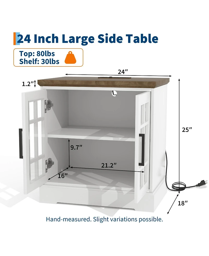 homfan Farmhouse Bedside End Table with Charging Station, Glass Barn Door Design, Adjustable Shelves and Large Storage, Stable for Bedroom