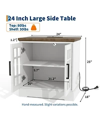homfan Farmhouse Bedside End Table with Charging Station, Glass Barn Door Design, Adjustable Shelves and Large Storage, Stable for Bedroom