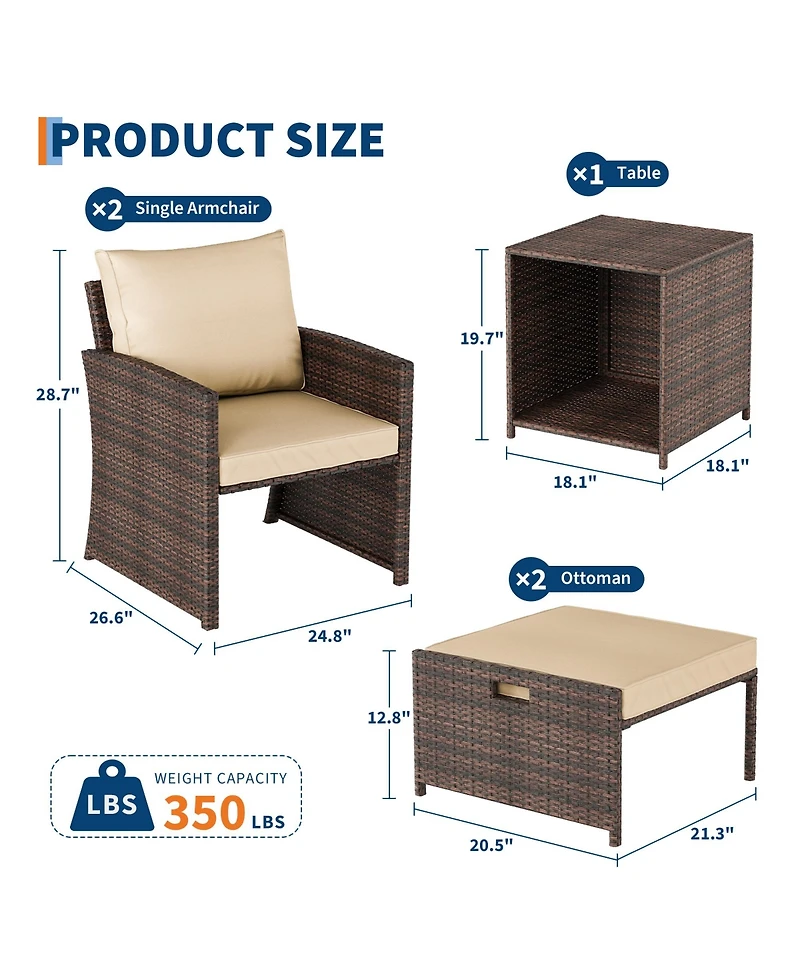 homfan 5-Piece Wicker Patio Conversation Set with Cushions, Ottomans, and 2-Tier Coffee Table for Outdoor Living